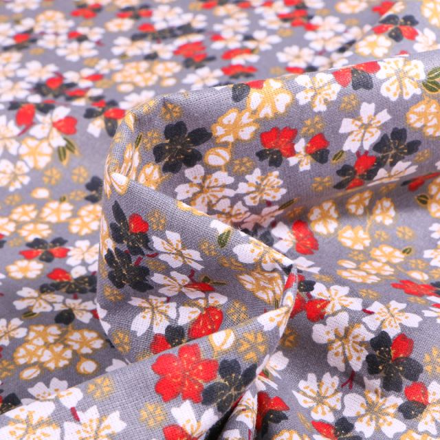 Tissu Coton imprimé Sakura sur fond Gris