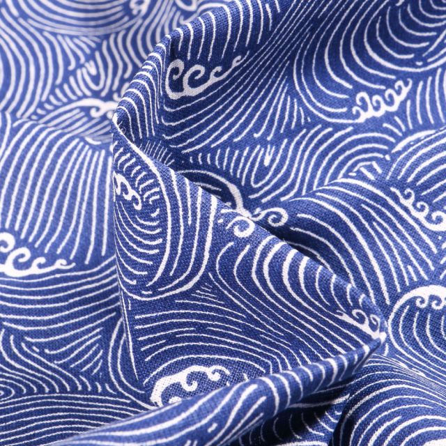 Tissu Coton imprimé Arty Vagues stylisées sur fond Bleu roi