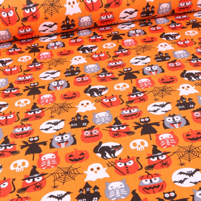 Tissu Coton imprimé Arty Monstres d'halloween sur fond Orange