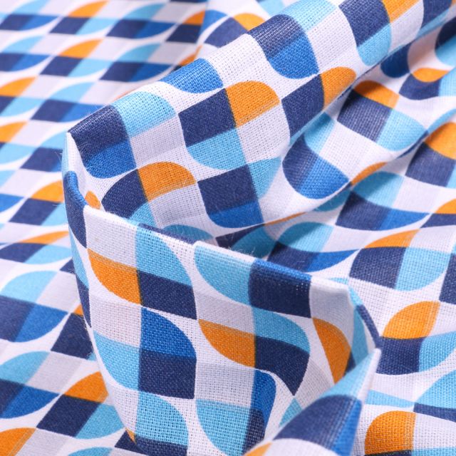 Tissu Coton imprimé Arty Seventies bleu sur fond Blanc