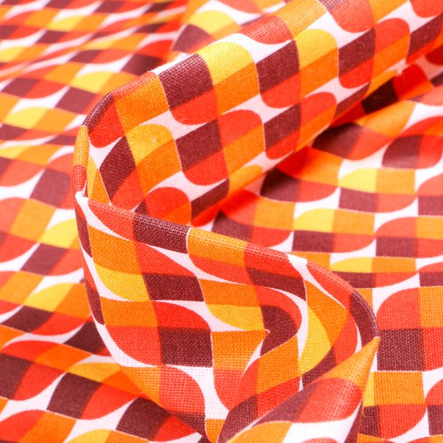 Tissu Coton imprimé Arty Seventies orange sur fond Blanc