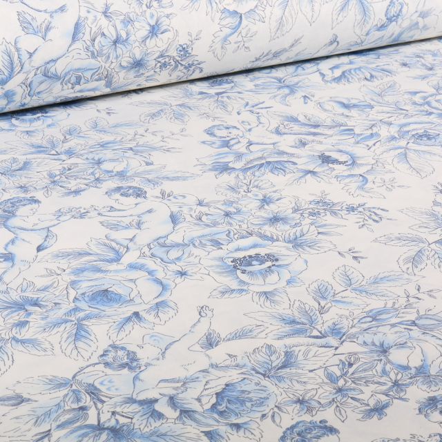 Tissu Coton Grande largeur Ange Raphael bleu sur fond Blanc cassé