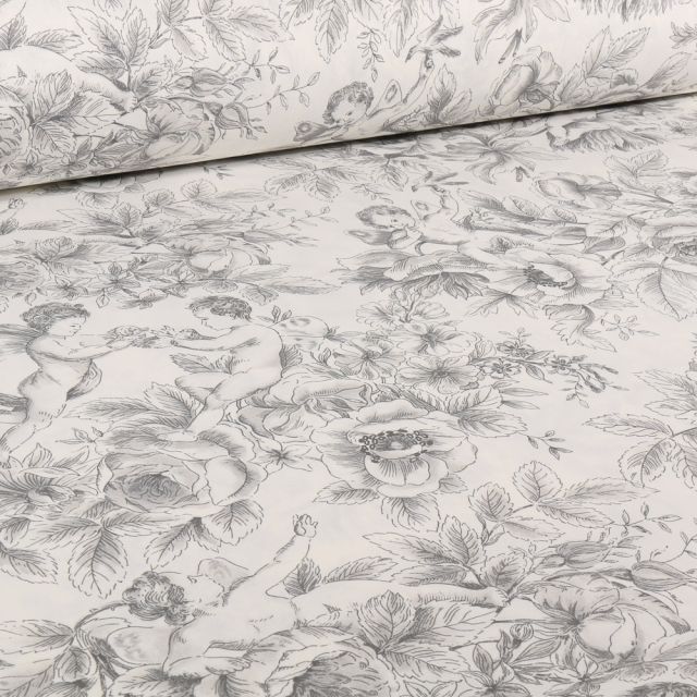 Tissu Coton Grande largeur Ange Raphael gris sur fond Blanc cassé