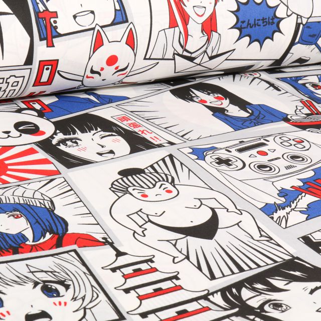 Tissu Coton imprimé grande largeur Manga BD sur fond Blanc