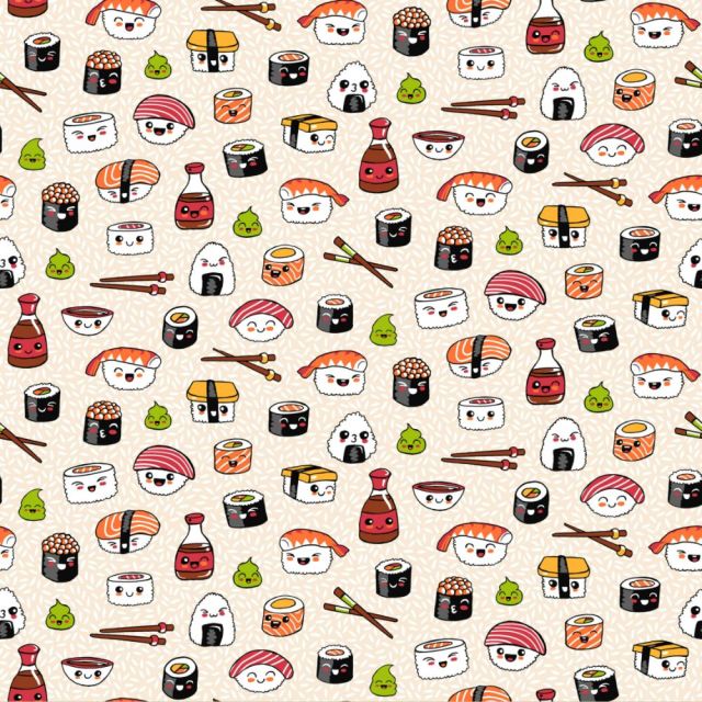 Tissu Coton imprimé Sushi party sur fond Beige