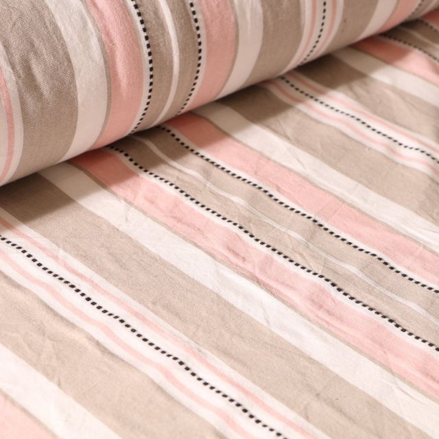 Tissu Toile Coton aspect lin Rayures roses et beiges sur fond Blanc - Par 10 cm