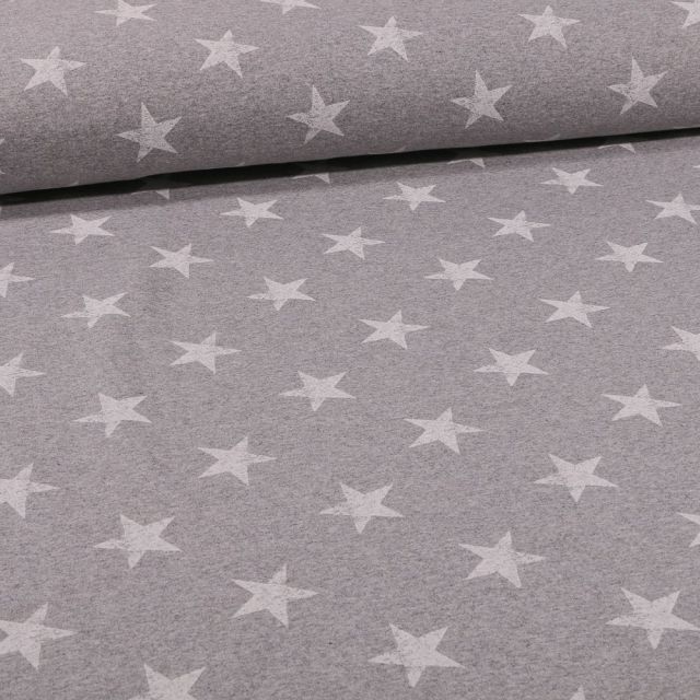 Tissu Jersey coton envers gratté Etoiles sur fond Gris chiné - Par 10 cm