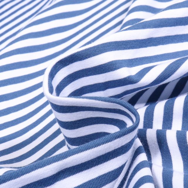 Tissu Jersey Coton rayures 5mm Bleu denim sur fond Blanc
