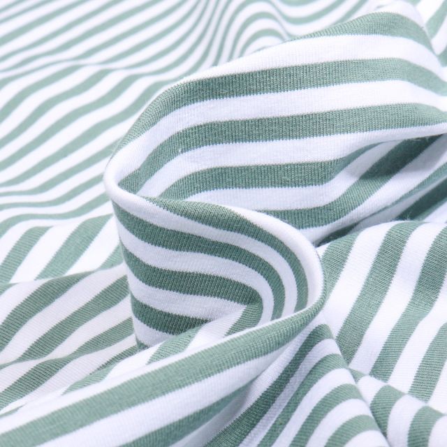 Tissu Jersey Coton rayures 5mm Vert d'eau sur fond Blanc