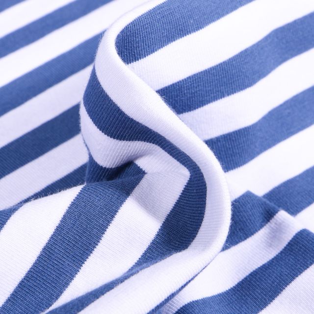 Tissu Jersey Coton Rayures 1cm sur fond Bleu denim