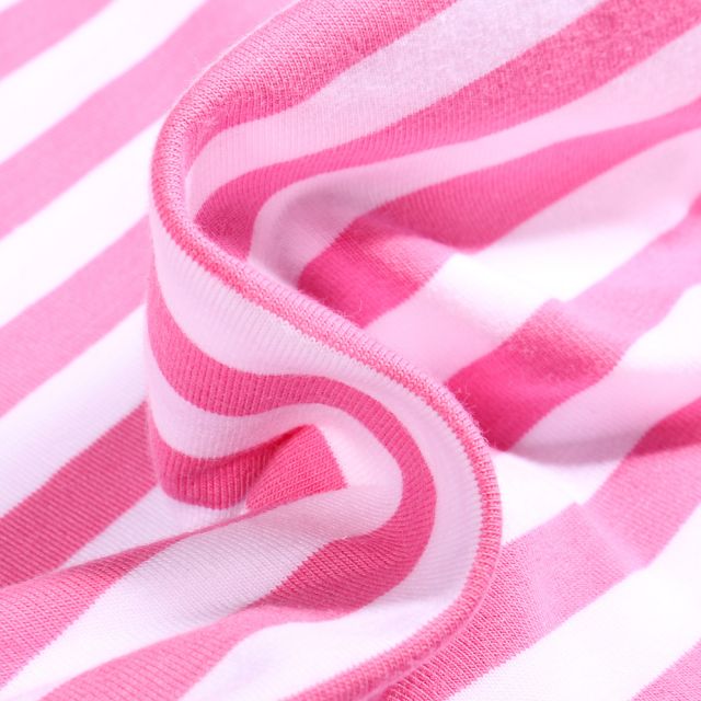 Tissu Jersey Coton Rayures 1cm sur fond Rose bonbon