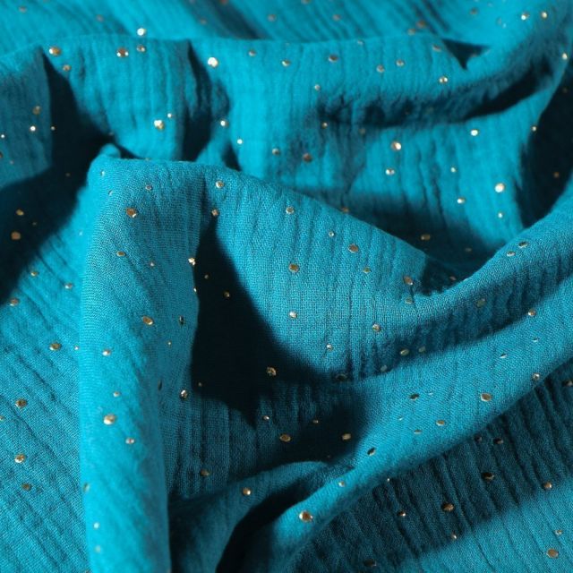 Tissu Double gaze Lina Pois dorés sur fond Bleu pétrole - Par 10 cm