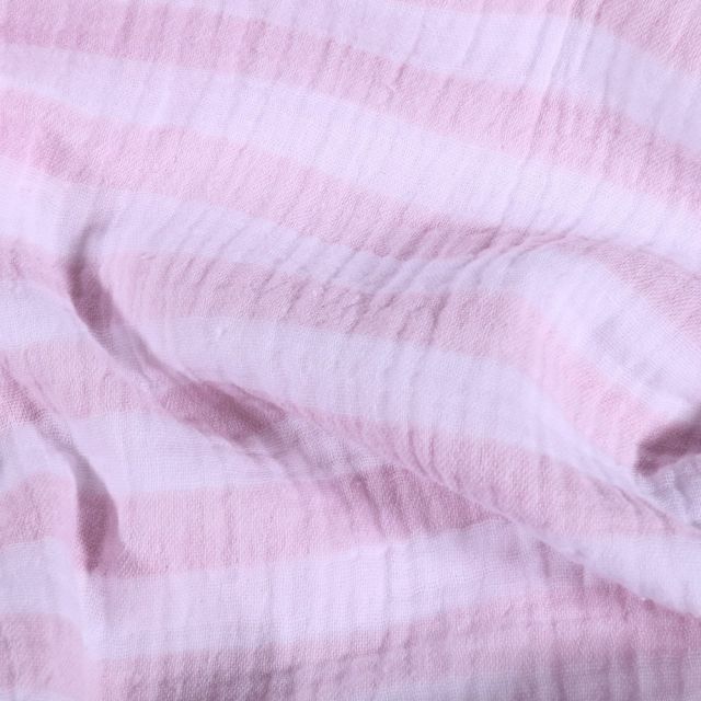 Tissu Double gaze Rayures rose pale sur fond Blanc - Par 10 cm