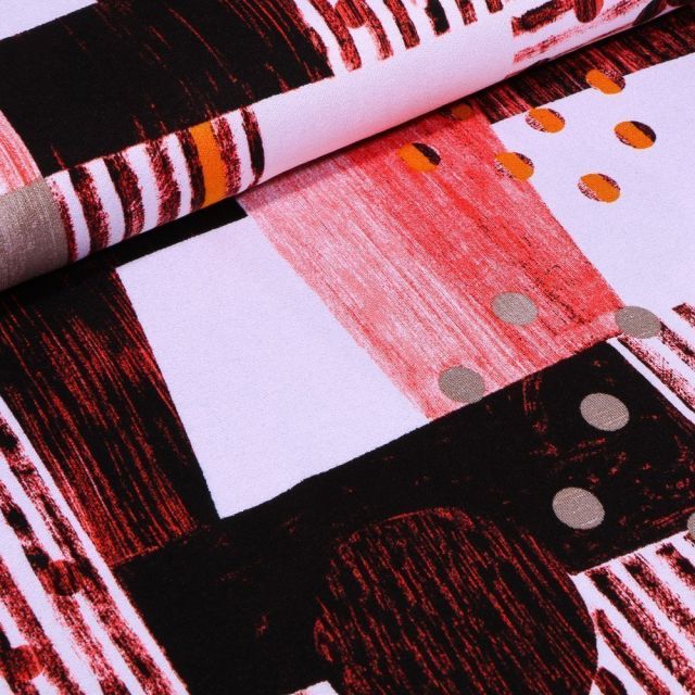 Tissu Jersey Viscose avec aspect crêpe Cercles et rectangles rouge sur fond Blanc - Par 10 cm