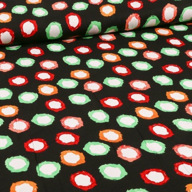 Tissu Jersey Coton Pois verts, rouges et oranges sur fond Noir - Par 10 cm
