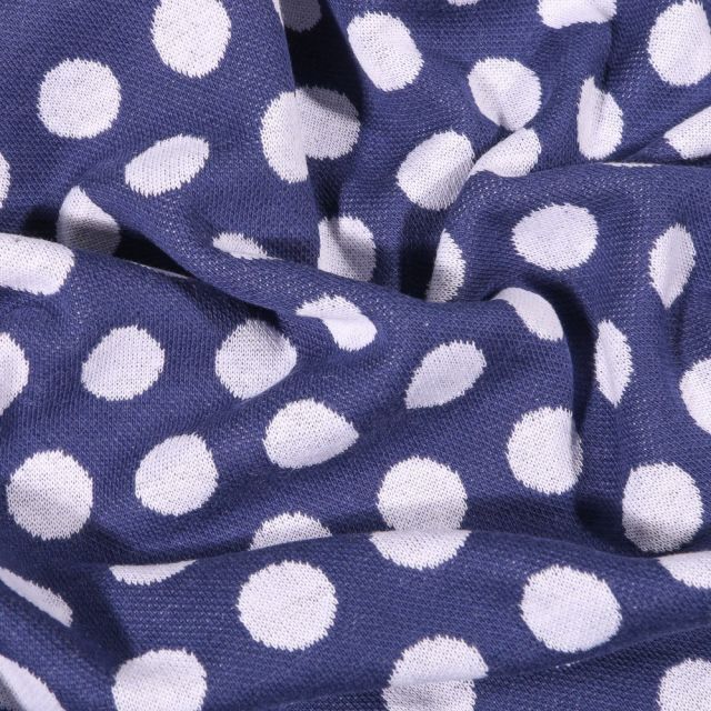 Tissu Sweat Maille Pois blancs sur fond Bleu marine - Par 10 cm
