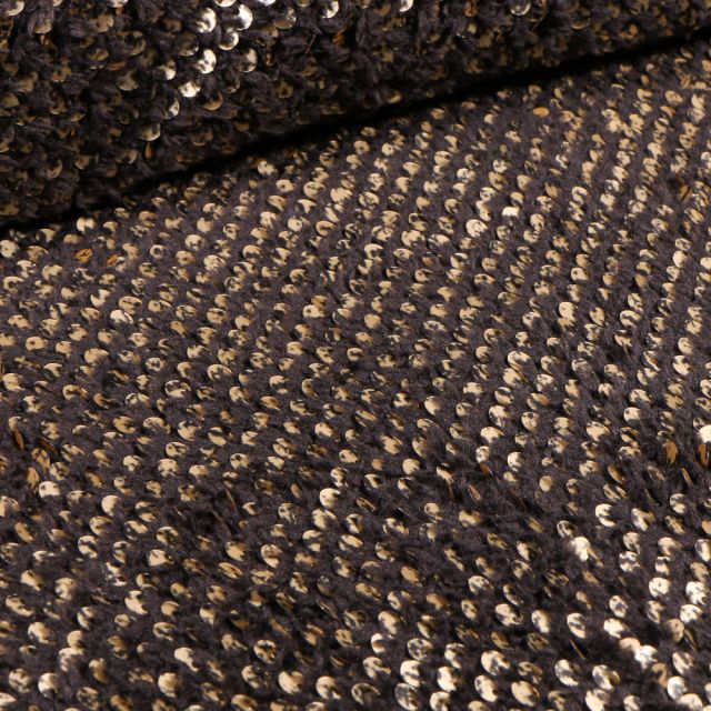 Tissu Fausse fourrure Doudou  Sequins dorés sur fond Noir