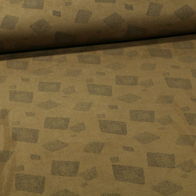 Tissu Suédine Jersey Formes géométriques sur fond Vert kaki - Par 10 cm