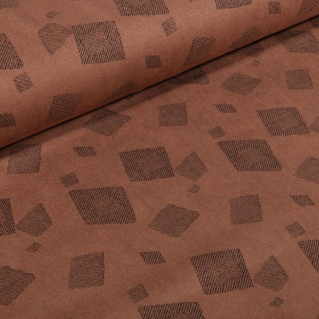 Tissu Suédine Jersey Formes géométriques sur fond Marron chocolat - Par 10 cm
