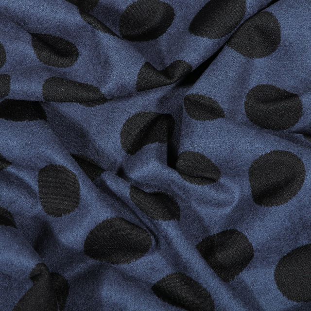 Tissu Suédine Jersey Pois noirs sur fond Bleu marine - Par 10 cm