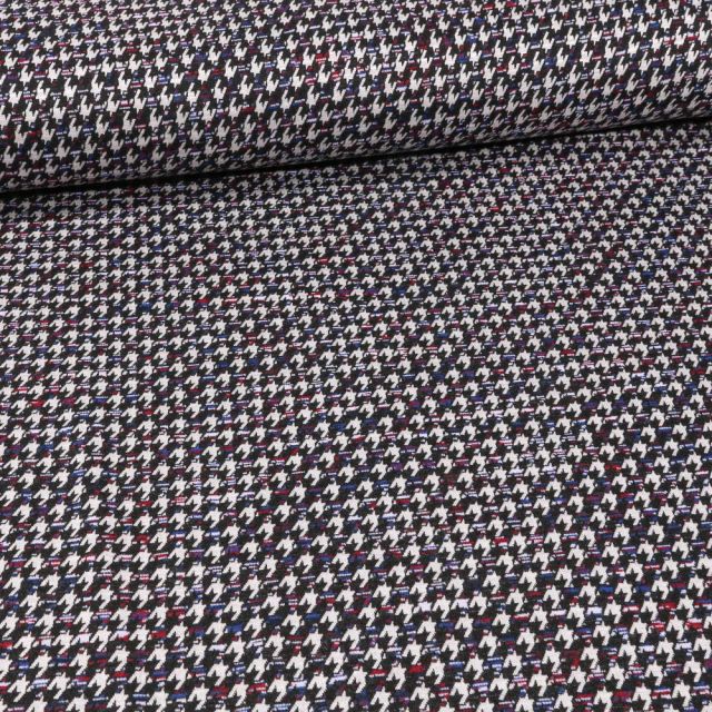 Tissu Maille jersey Pied de poule rouge sur fond Noir - Par 10 cm