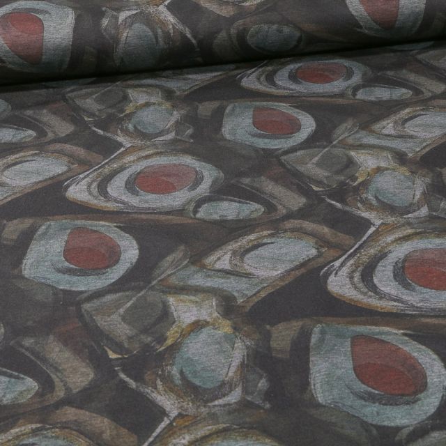 Tissu Jersey Milano Motifs abstraits gris et rouge sur fond Gris - Par 10 cm