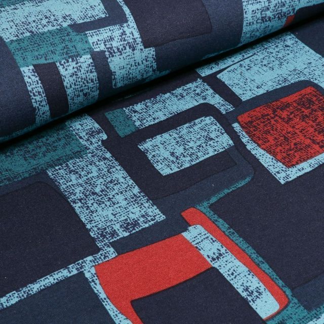 Tissu Jersey Viscose Formes abstraites rectangulaires sur fond Bleu - Par 10 cm