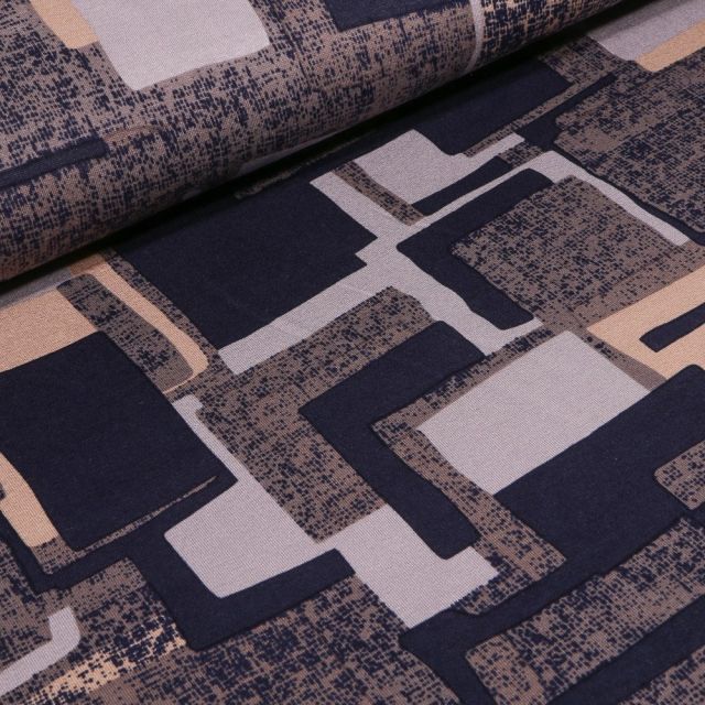 Tissu Jersey Viscose Formes abstraites rectangulaires sur fond Gris - Par 10 cm