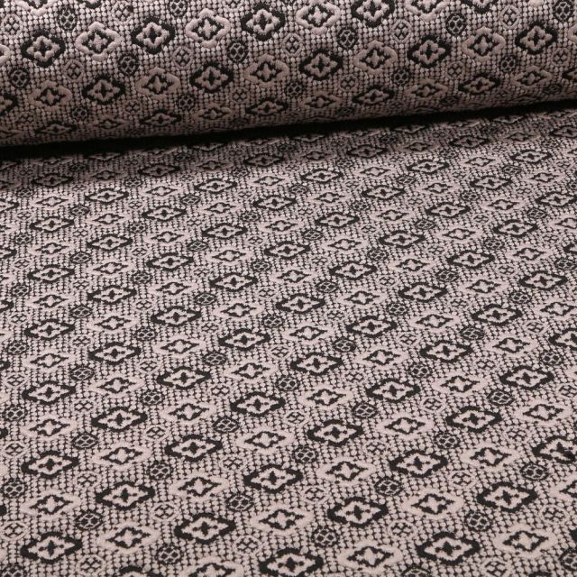 Tissu Maille Jersey losanges et cercles noirs sur fond Blanc - Par 10 cm