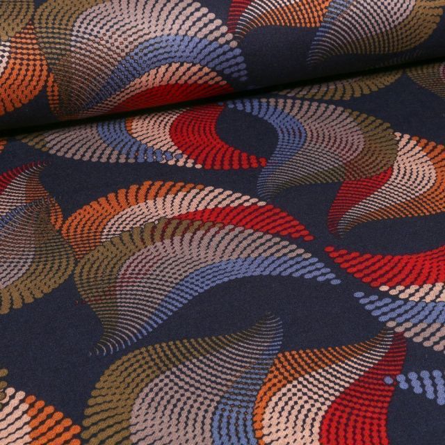 Tissu Jersey Milano  Motifs abstraits colorés sur fond Bleu marine - Par 10 cm