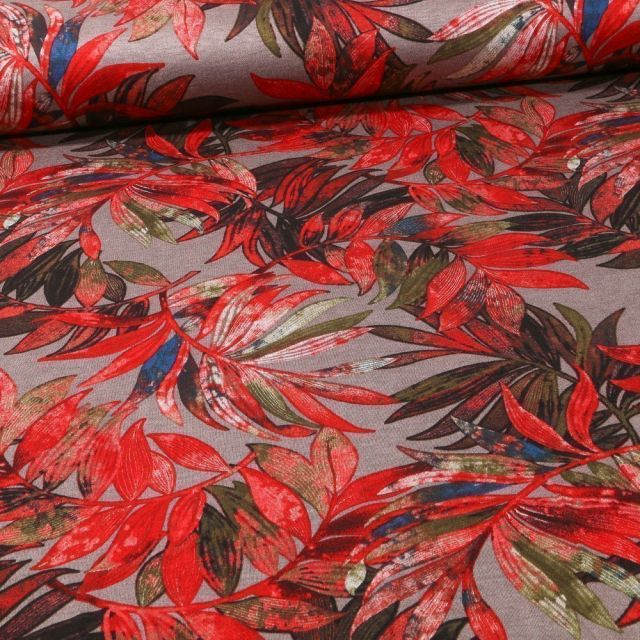 Tissu Jersey Milano Végétations rouges sur fond Taupe - Par 10 cm