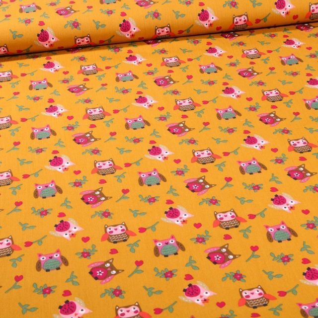 Tissu Coton imprimé LittleBird Chouette sur fond Jaune - Par 10 cm