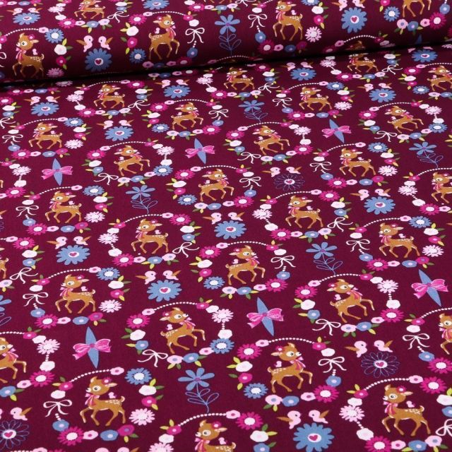 Tissu Coton imprimé Faons et couronnes de fleurs sur fond Violet foncé - Par 10 cm