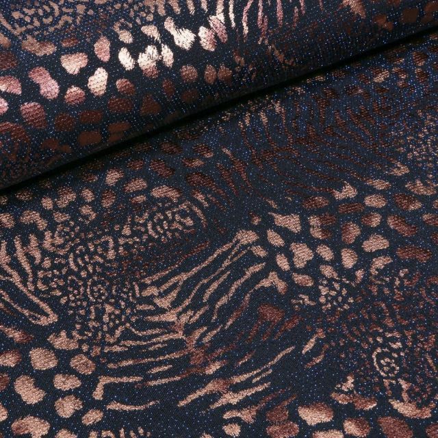 Tissu Jersey  Léopard métallisé paillettes bleues sur fond Noir - Par 10 cm