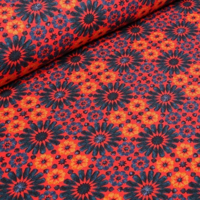 Tissu Jersey Coton Marguerites stylisées sur fond Orange - Par 10 cm