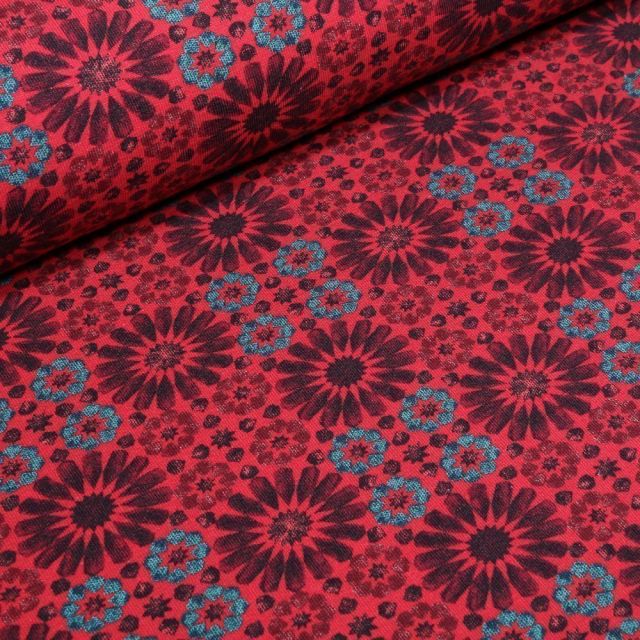 Tissu Jersey Coton Marguerites stylisées sur fond Rouge foncé - Par 10 cm