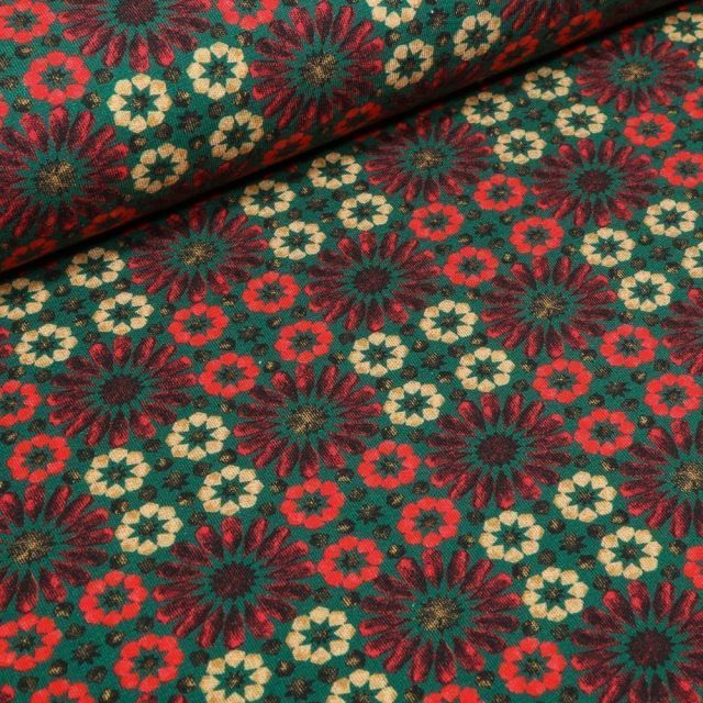 Tissu Jersey Coton Marguerites stylisées sur fond Vert foncé - Par 10 cm