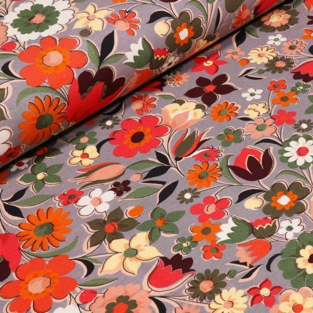 Tissu Jersey Coton Fleurs printanières sur fond Gris - Par 10 cm