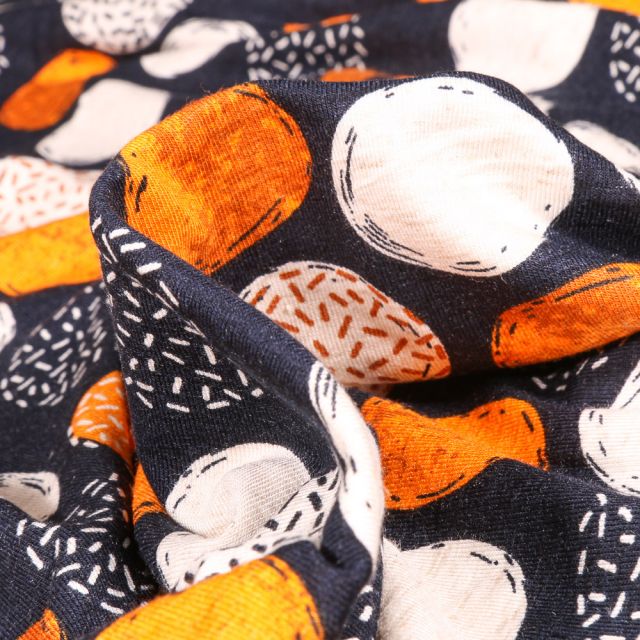 Tissu Jersey Viscose Lin Cercles orange divers motifs sur fond Bleu marine