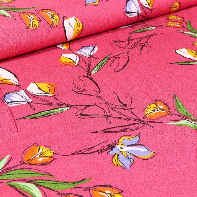 Tissu Viscose texturé Tulipes colorées sur fond Rose