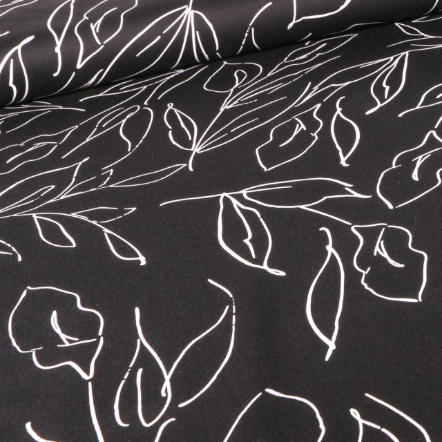 Tissu Coton satiné extensible Fleurs épurées sur fond Noir