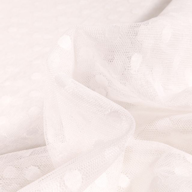 Tissu Tulle souple Pois 1 cm sur fond Blanc