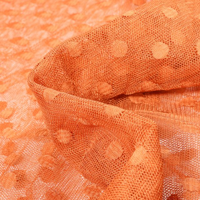 Tissu Tulle souple Pois 1 cm sur fond Orange