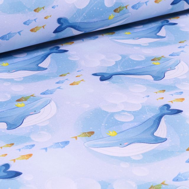 Tissu Softshell Baleines sur fond Bleu ciel