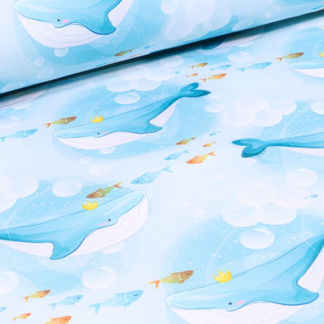 Tissu Softshell Baleines sur fond Bleu turquoise