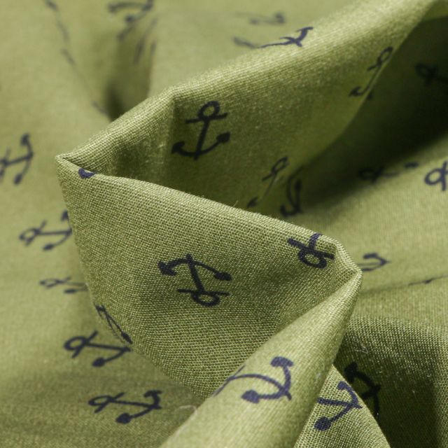 Tissu Coton imprimé Ancre marine sur fond Vert kaki