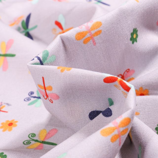 Tissu Coton imprimé LittleBird Papillons et fleurs colorés sur fond Gris