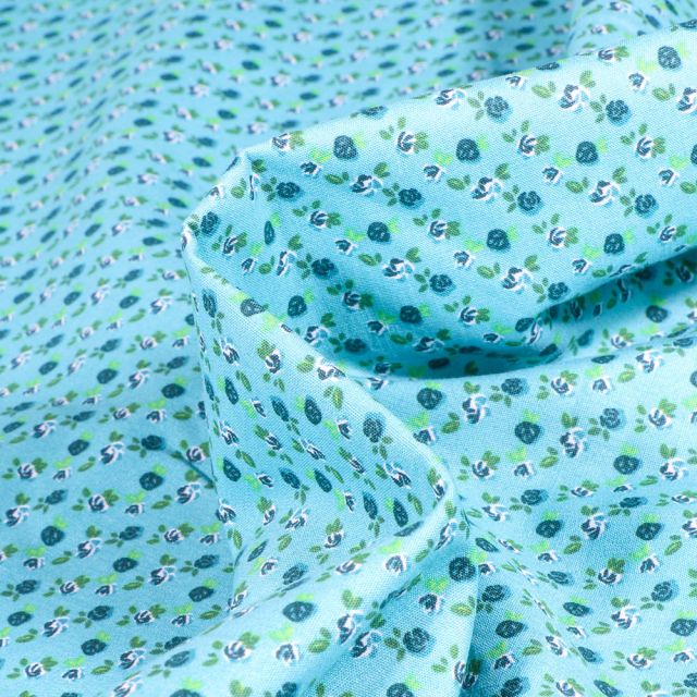 Tissu Coton imprimé LittleBird Rosa sur fond Bleu