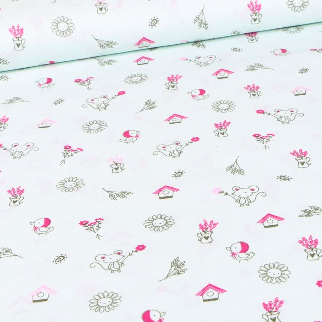 Tissu Coton imprimé LittleBird Garden souris sur fond Vert menthe clair