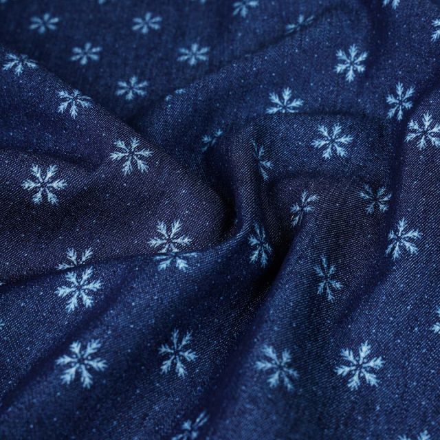 Tissu Jean Denim extensible Flocons sur fond Bleu foncé